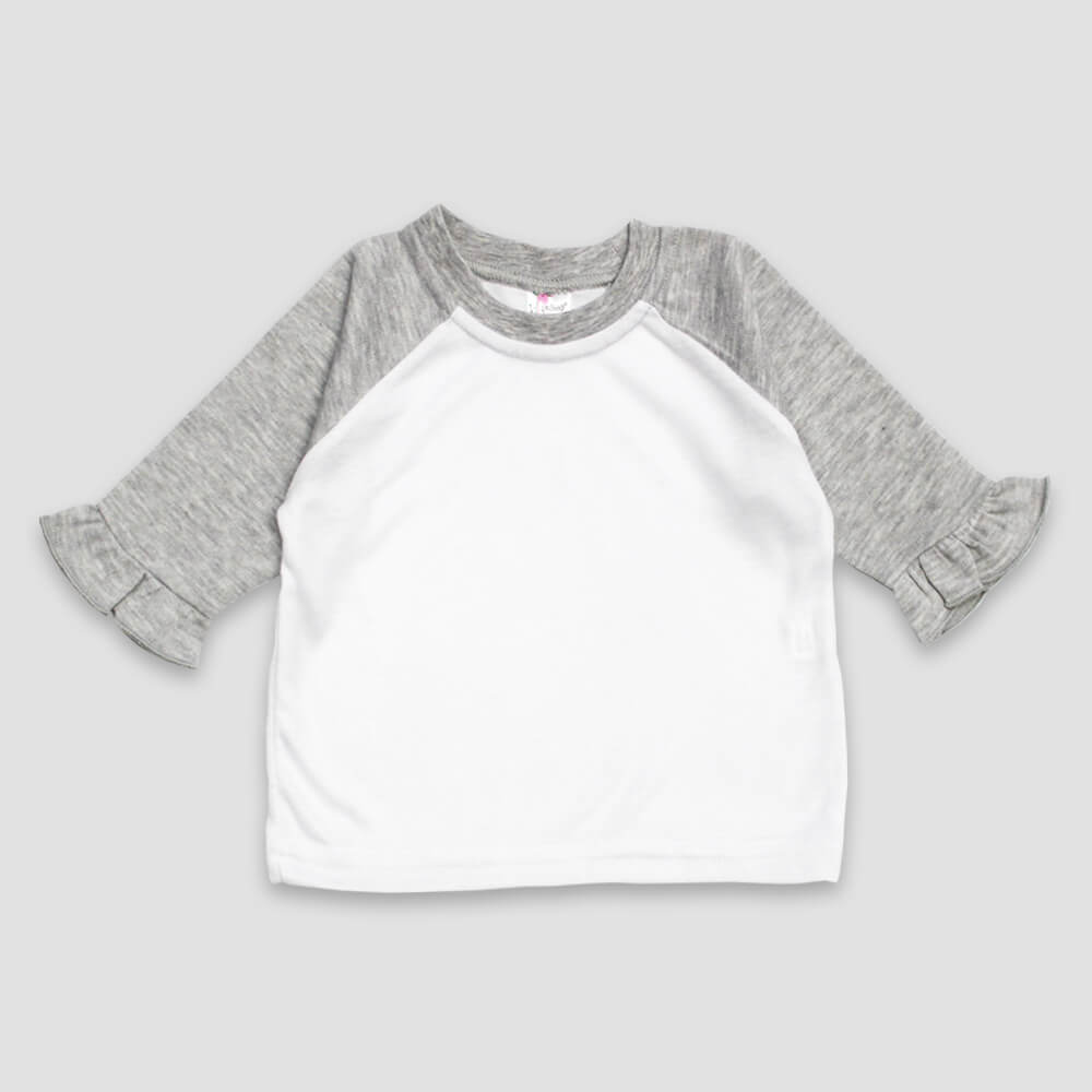 Baby Girls Ruffle Raglan Tees – White/Heather Gray – 100% Polyester